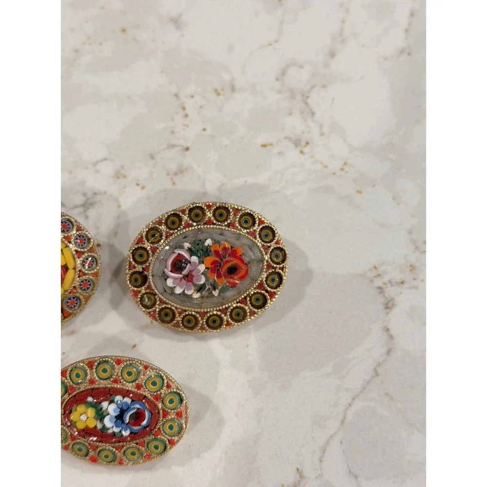 Vintage Italian Micro Mosaic Floral Brooch Pin Set 3pc Millefiori Gold Tone Oval